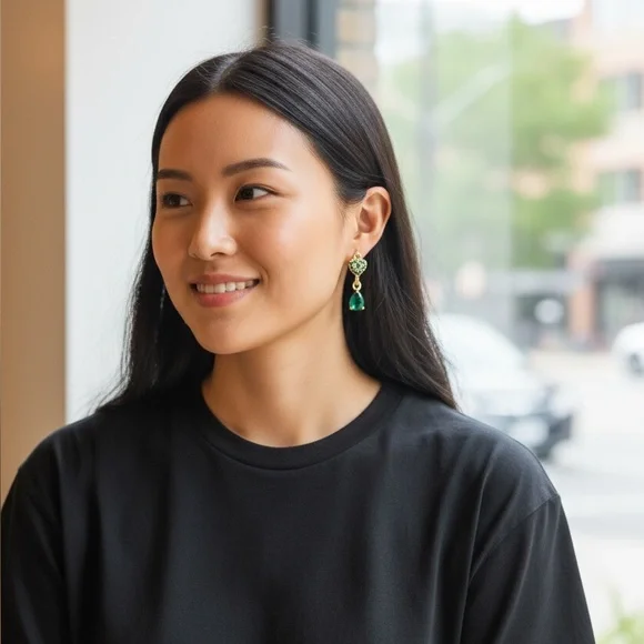 18k Gold Plated Green CZ Heart Drop Huggie Earrings. New. - Picture 5 of 8